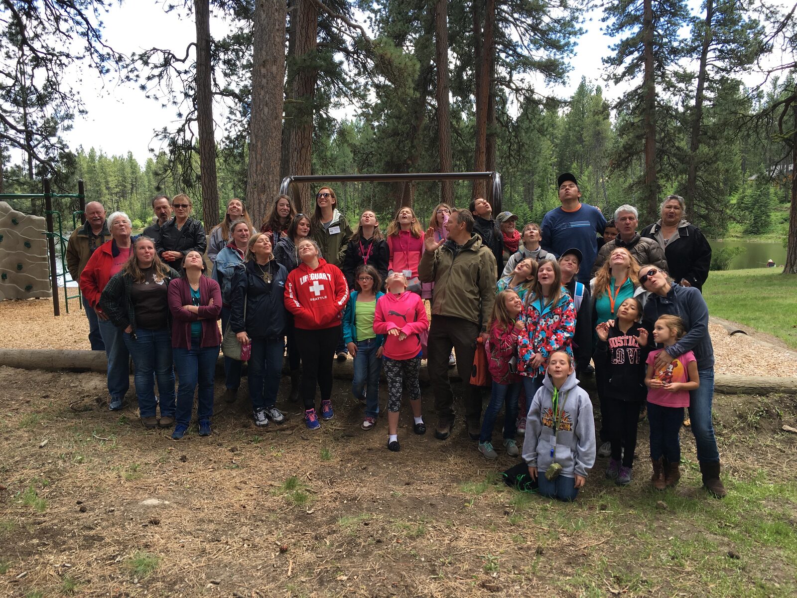 A group of visitors at Wolf Camp standing under tall pines, looking out toward the enclosure