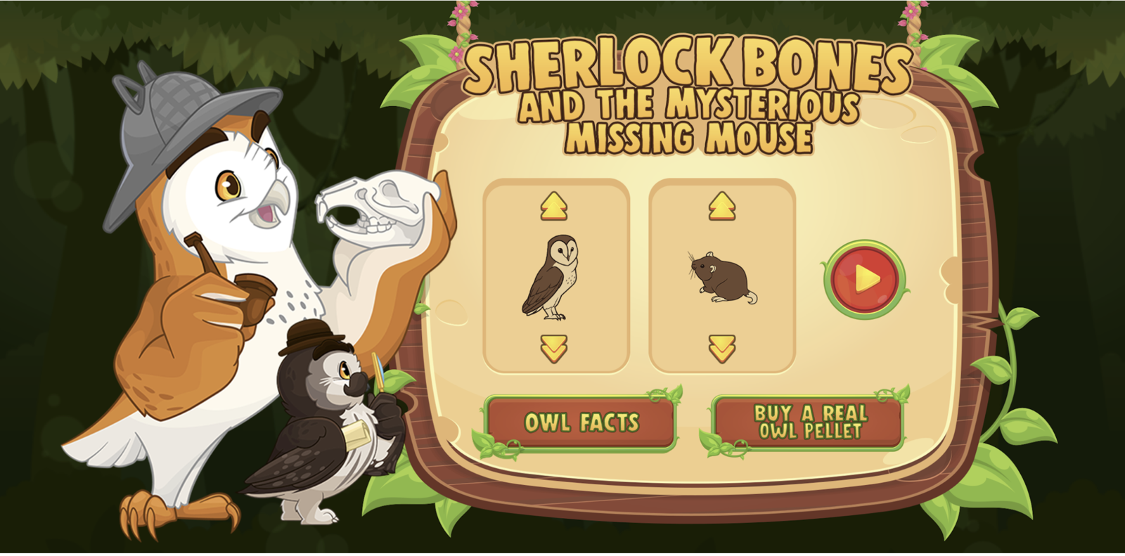 Sherlock Bones welcome screen — owl detective and sidekick beside a tree-frame menu titled The Mysterious Missing Mouse